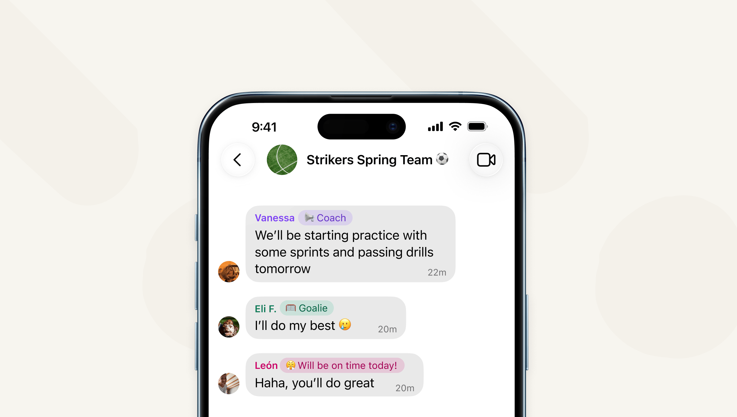 A screenshot of the "Strikers Spring Team" group chat, showing three group members with different member labels: "Coach," "Goalie," and "Will be on time today!"